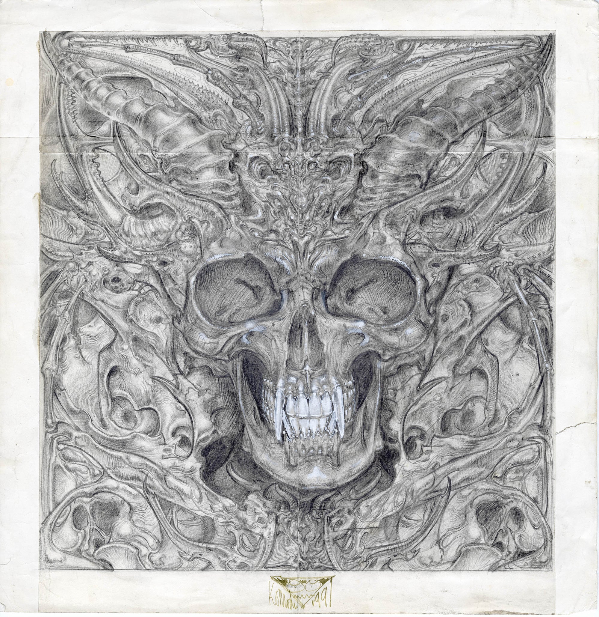 Paul Komoda ORIGINAl "Design Art for Horned Skull Wall Mounted Sculpture" c. 1991